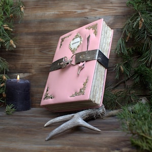 Pink leather Grimoire journal with lock,ancient journal notebook grimoire , Practical magic spell book journal ,Vintage Thick locking diary