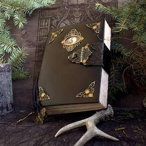 May include: A dark green, leather-bound book with ornate brass corner pieces and a central clasp. The book has a decorative butterfly clasp and a small framed image. The background includes a wooden surface, pine branches, and a carved wooden panel.