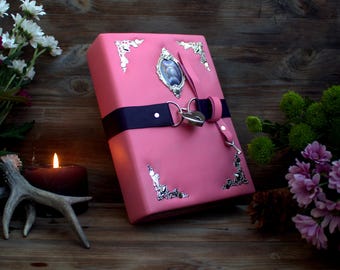 Pink Leather Grimoire Journal with Lock, Book of Shadows