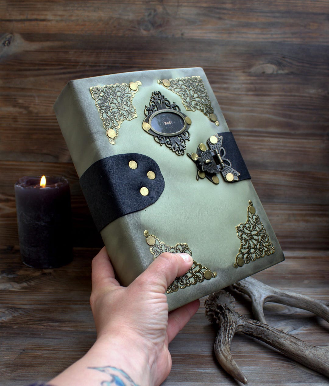 Handmade Green Leather Grimoire, Locking Book of Shadows, 400 Page