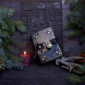 Vintage Gothic Locked Journal, gold snake Moon, Handmade medieval journal mini