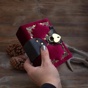 Handmade Velvet Grimoire, Mini Locking Diary, Aged Pages