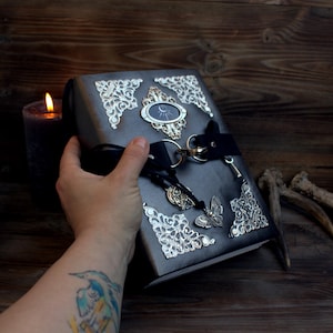Vintage witchy practical magic tarot witchy blank journal, big spiritual books, fantasy leather journal, book of shadows spells rituals