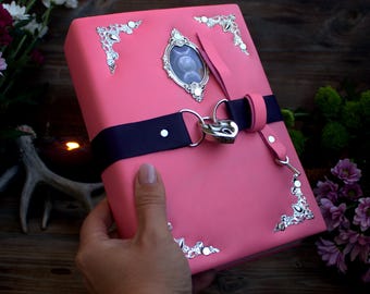 Pink Leather Grimoire Journal with Lock, Romantic Spellbook