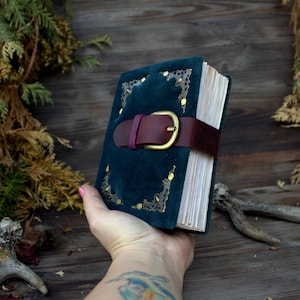 Handmade Velvet Grimoire Journal, Leather Strap, Aged Pages