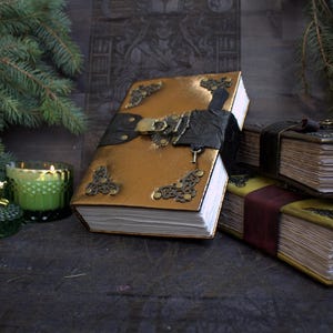 Golden Phoenix Leather Grimoire, Handmade Book of Shadows, Fire Magic Journal, Locked Spell Book