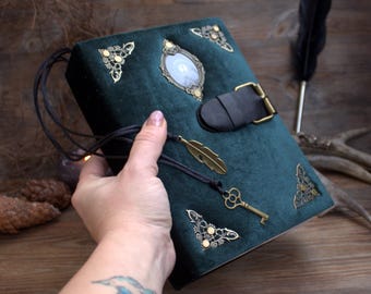 Handmade Velvet Grimoire Journal, Antique Style Book of Shadows