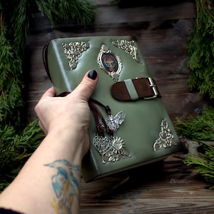 Green Leather Locking Grimoire, Handmade Book of Shadows, 400 Page Journal