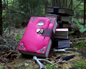 Pink Leather Grimorie Journal, Large Witch Notebook with Lock and Key