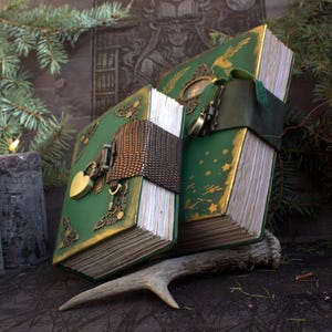 May include: Two green, antique-style books with gold-edged pages and decorative clasps. One book has a heart-shaped lock, and both are secured with straps. The books are embellished with gold accents and star patterns, resting on a deer antler.