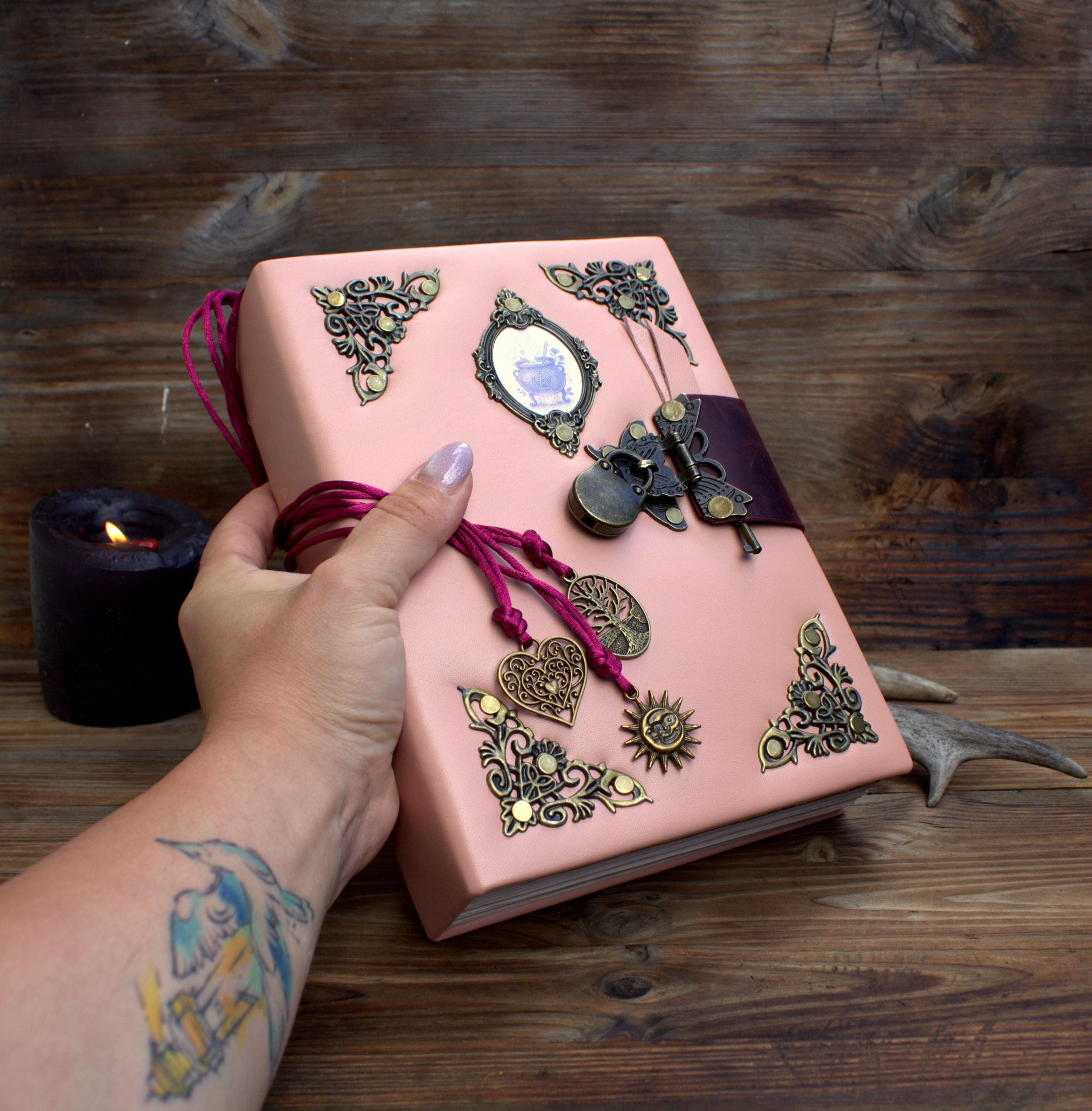 Pink leather Grimoire journal with lock,ancient journal notebook grimoire , Practical magic spell book journal ,Vintage Thick locking diary