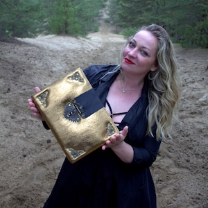 Golden Leather Grimoire | A4 Handmade Journal | 720 Aged Pages | Antique Folio | Book of Shadows | Witch Tome | Forest Magic Book handmade