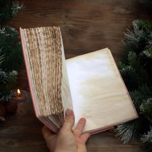 May include: An open, antique-style book with aged, textured pages. The book has a pink cover and is held open by a hand. The background includes a wooden surface, pine branches, and a lit candle, creating a vintage aesthetic.
