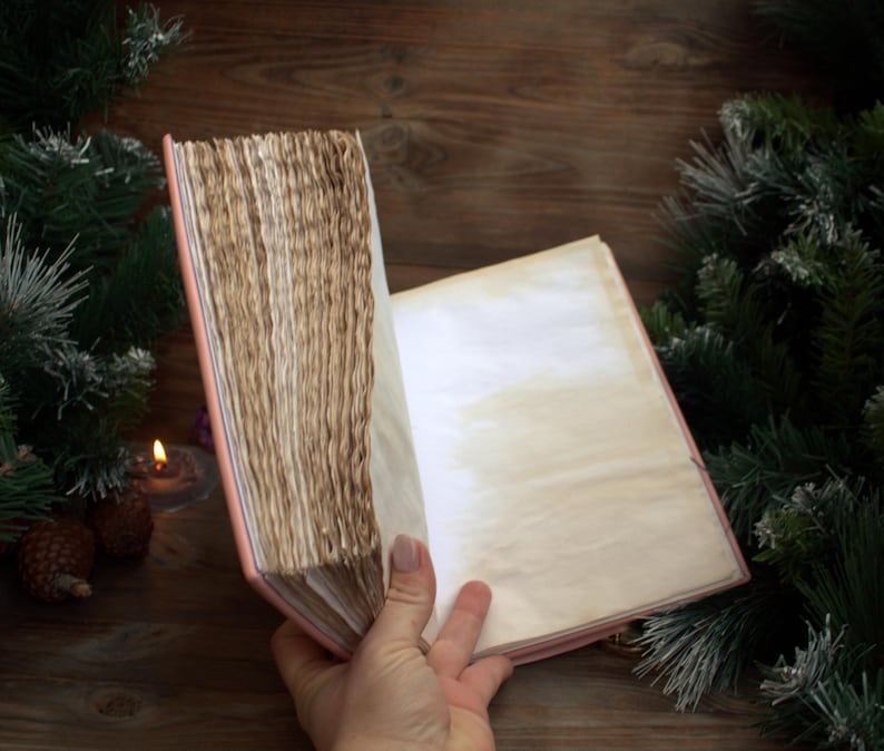 May include: An open, antique-style book with aged, textured pages. The book has a pink cover and is held open by a hand. The background includes a wooden surface, pine branches, and a lit candle, creating a vintage aesthetic.