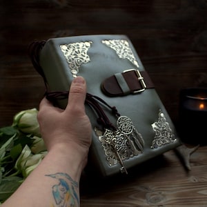 Green Leather Book of Shadows, Locking Grimoire Journal, Handmade