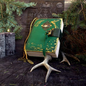 May include: A handcrafted, green leather-bound journal with gold accents, a decorative clasp, and a green ribbon bookmark. The cover features a bird and celestial design. A gold cord and feather charm are attached.