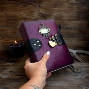 Purple lether vintage book, aged book of shadows ,violet old spell book vintage, leather journal purple, aged grimoire personal aged book