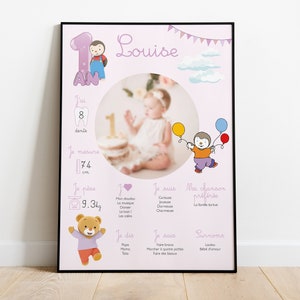 Personalized birthday or baptism poster Tchoupi 1st year party Rose