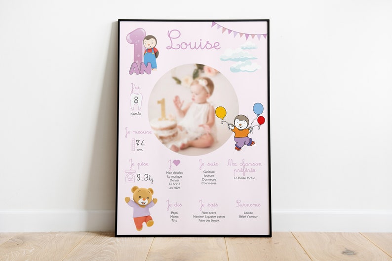 Personalized birthday or baptism poster Tchoupi 1st year party Rose