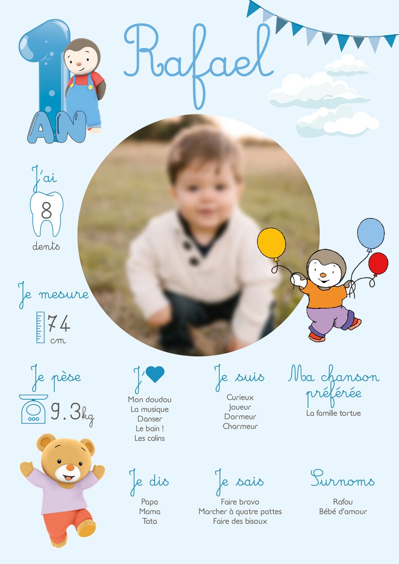 Personalized birthday or baptism poster Tchoupi 1st year party image 3