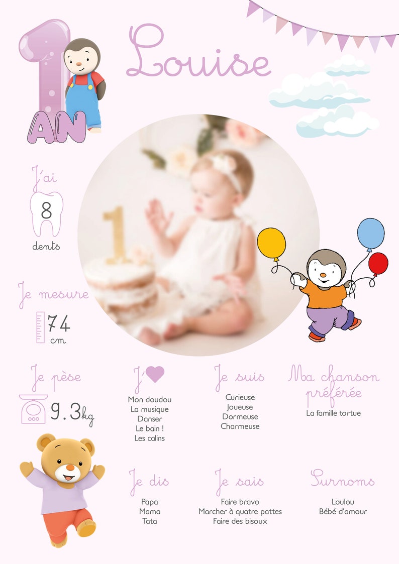 Personalized birthday or baptism poster Tchoupi 1st year party image 4