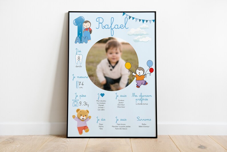 Personalized birthday or baptism poster Tchoupi 1st year party Bleu