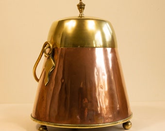 Antique Dutch Copper and Brass Cover Up Ash Bucket ca. 1910 in Good Condition