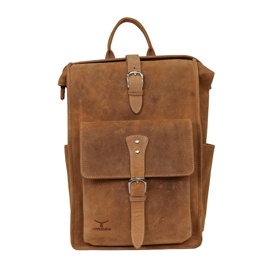 backpack leather unisex roll brand Full Grain Buffalo Leather Backpack Roll Top Laptop Travel Bag Untundra