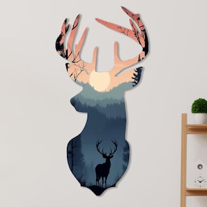 Arte murale in metallo con cervo, arte murale con tramonto, design unico, cartello con alce di montagna, decorazione murale colorata, decorazione della fauna selvatica, scenario del tramonto nella foresta,