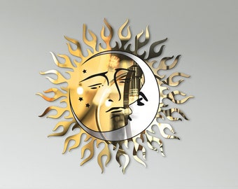 Espejo de pared con sol y luna: decoración moderna de metal