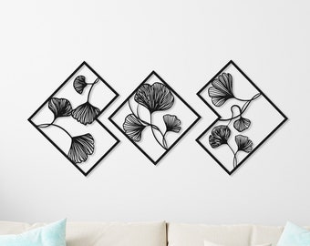 Geometric Flowers Metal Wall Art: Botanic Nature Decor, Set of 3