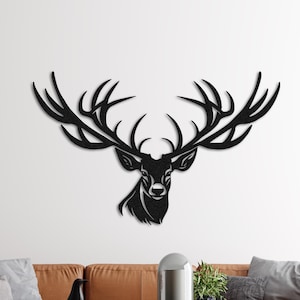 Arte murale in metallo con cervo, decorazione con corna di cervo, arte della fauna selvatica, grande arte murale, arte murale lunga e stretta, arredamento moderno per la casa, cartello con testa di cervo, regalo decorativo