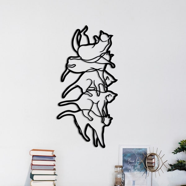 Decoración de pared de metal con gatos: arte lineal minimalista, adorno bohemio para mascotas