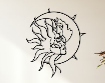 Sonne und Mond Metallwanddekor, große Wandkunst, minimalistisches Paar, Single Line Art, Wohnzimmerdekor, einzigartiges Schlafzimmerdekor, Außendekor