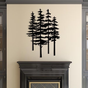 Decorazione murale in metallo con pini, decorazione forestale, decorazione murale naturalistica, decorazione rustica, ispirata alla natura, cartello da parete per esterni, decorazione per camino
