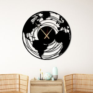 Reloj de pared de metal extragrande con mapa del mundo, reloj de pared geométrico, reloj de pared grande moderno, arte de pared único, reloj de pared silencioso, reloj minimalista