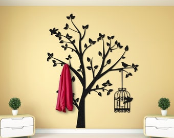 Metal Tree Coat Rack: Wall Mount Entryway Organizer with Bird Decor