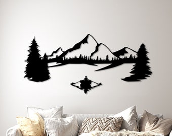 Art mural en métal scène de lac, décoration murale nature, déco d'entrée, montagne et forêt, silhouette nature, cadeau de pendaison de crémaillère, déco bateau à voile