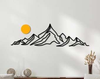 Minimalist Mountain Metal Wall Art, Single Line Art, Long Narrow Wall Art, Trendy Wall Art, Hill Tree Decor, Mountain Metal Decor, Sun Decor