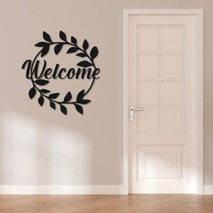 Welcome Metal Sign: Leaf Wreath, Entryway Wall Decor