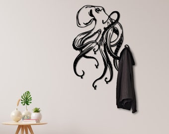 Octopus Metal Coat Rack, Wall Mount Coat Rack, Beach House Decor, Tentacle Decor, Metal Wall Sculpture, Modern Coat Rack, Entryway Organizer