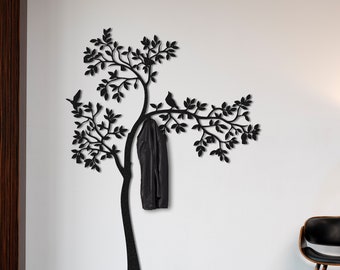 Large Metal Tree Coat Rack, Wall Mount Hooks, Metal Wall Art, Entryway Organizer, Decorative Hook, Hat Rack, Birds on Branch, Tree Coat Rack