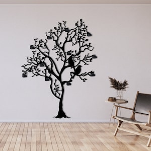 Perchero de árbol grande, ganchos de montaje en pared, arte de pared de metal, organizador de entrada, gancho decorativo, pájaros en rama, perchero de árbol, ganchos de pared