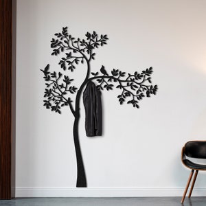 Perchero grande de metal con forma de árbol, ganchos para montaje en pared, arte de pared de metal, organizador de entrada, gancho decorativo, perchero, pájaros en la rama, perchero con forma de árbol