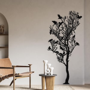 Arte murale in metallo con rami di albero, cartello da parete con albero lungo, cartello della natura, uccelli sui rami, decorazione ispirata alla natura, decorazione da parete per esterni, grande albero