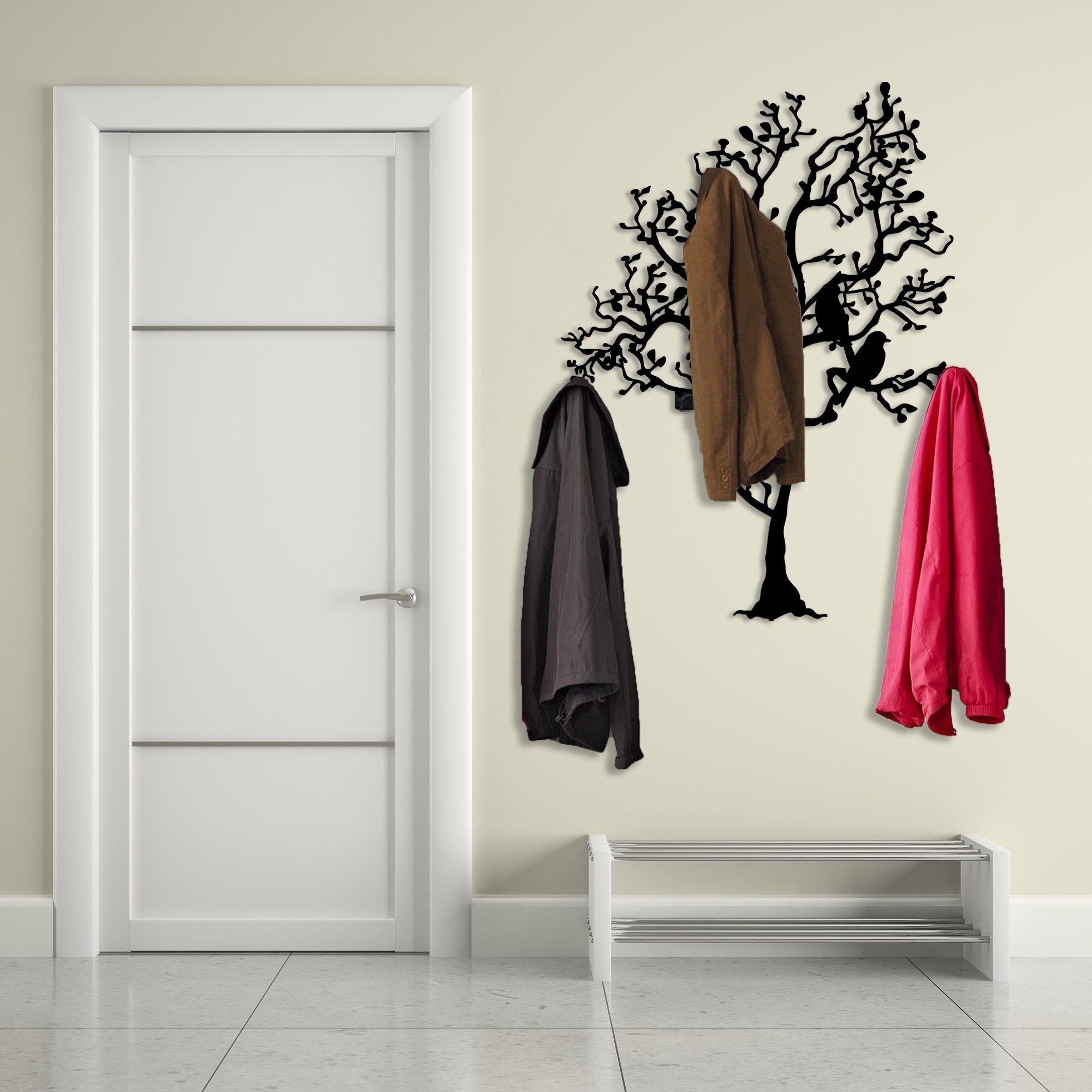Houten verticale kapstok haak muur gemonteerde boom, beuken hoed organisator, decoratieve kleerhanger muur, rustieke hal kapstok met hangende haken voor hal badkamer 88cm