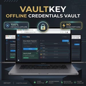 Puede incluir: Un ordenador portátil que muestra la interfaz del software de bóveda de credenciales sin conexión VaultKey. La pantalla muestra la configuración de la contraseña maestra, auditoría de seguridad y gestión de entradas. Texto: VAULTKEY OFFLINE CREDENTIALS VAULT.