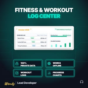 Può includere: Un'interfaccia digitale per il monitoraggio del fitness e dell'allenamento con una dashboard che mostra esercizi come panca piana, panca inclinata e pushdown per tricipiti, una barra di progresso mensile e quattro sezioni per dati privati e grafici.