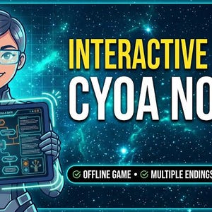 Könnte beinhalten: Eine digitale Illustration einer Figur in einem futuristischen Anzug, die ein Tablet mit einem Flussdiagramm hält. Der Text lautet INTERACTIVE SCI-FI CYOA NOVEL, OFFLINE GAME und MULTIPLE ENDINGS. Der Hintergrund zeigt eine dunkelblaue Weltraumszene mit Sternen.