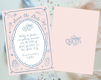 Pode incluir: Um cartão rosa de guardar a data com ilustrações azuis de corações, estrelas e taças de champanhe. O texto diz "Save the Date" e "Hailey & Justin casam-se no dia 10 de junho de 2025 em Nova Iorque, N.Y. Convite formal a seguir."